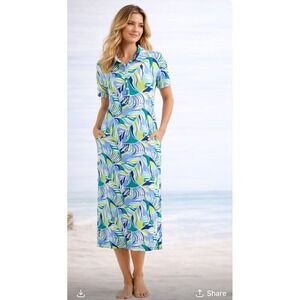 Stan Herman Maxi Dress Women Small Blue Green Tropical Palm Leaf Coastal Viscose